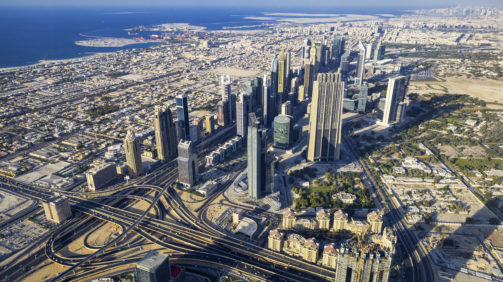 Aerial view of Dubai city from the top of a tower.